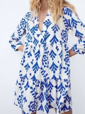 Zara Blue and White Printed Mini Dress